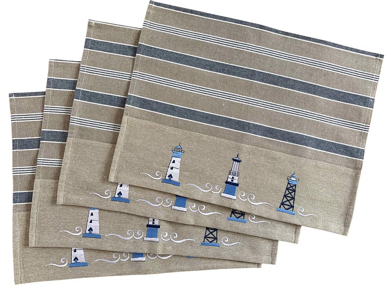 Eight Owls Nautical Placemats â€“ Set of 4 â€“â€“ Cotton Decorative Embroidered Design - Natural, Navy Blue and White (Lighthouse) - Image 1
